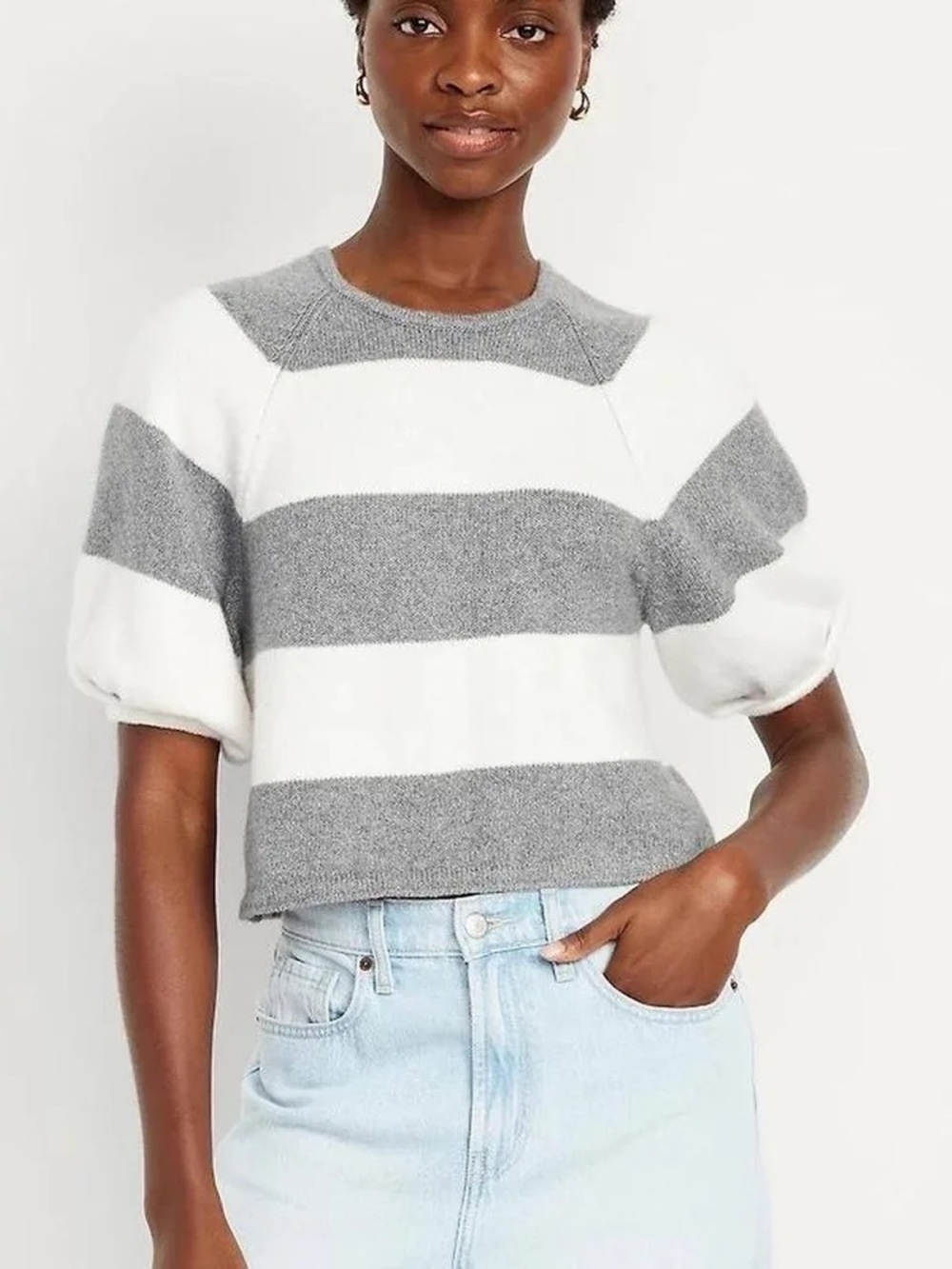 Old Navy White and Gray Striped Puff-Sleeve Crew Sweater